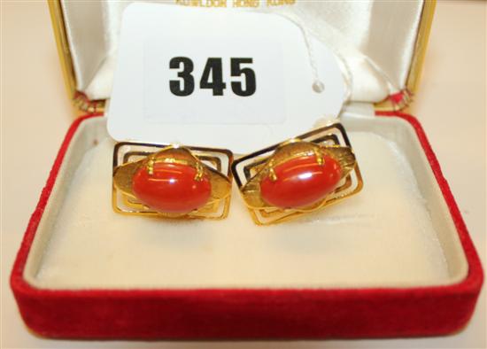 Pair of Chinese 10ct gold and coral cufflinks